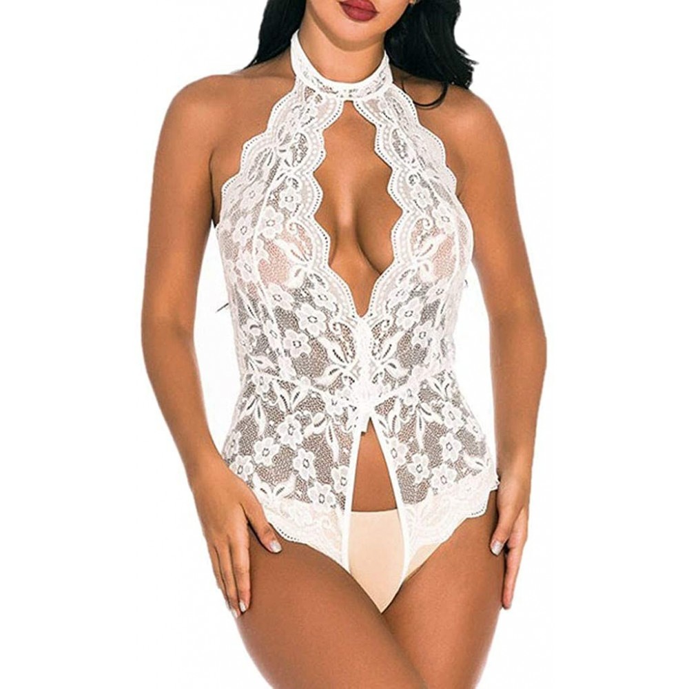 Nightgowns & Sleepshirts Openwork Conjoined Lingerie Women's Hanging Neck Lingerie Fishnet Babydoll Mini Dress Bodysuit - Whi...