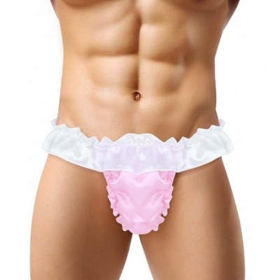 Briefs Mens Crossdress Sissy Lingerie Underwear Satin Ruffled Briefs Girlie Bowknot Flutter Panties - Pink - CY19DA24HL6