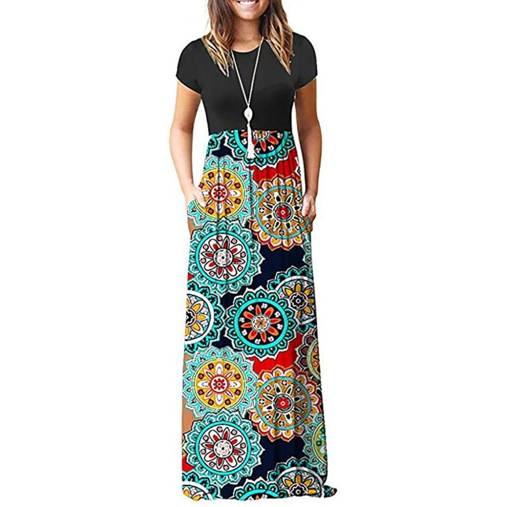 Panties Dresses for Womens- Cold Shoulder Pocket Floral Print Elegant Maxi Short Sleeve Casual - 5595blue - CD18SD90RQ3