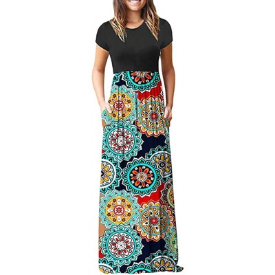 Panties Dresses for Womens- Cold Shoulder Pocket Floral Print Elegant Maxi Short Sleeve Casual - 5595blue - CD18SD90RQ3