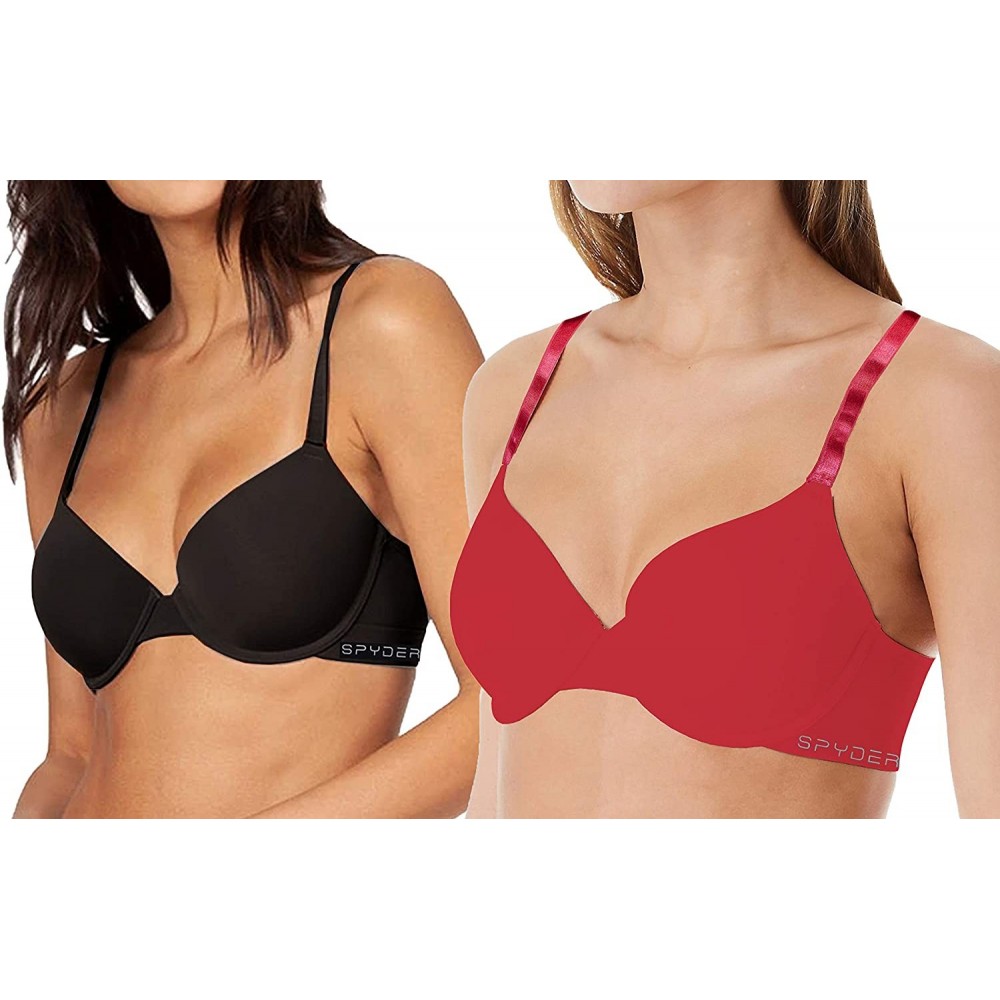 Bras Women's 2-Pack Laser Cut Silicone Logo Wing Full Coverage Underwire Push Up Bra - Red & Black - CJ19762QOKK