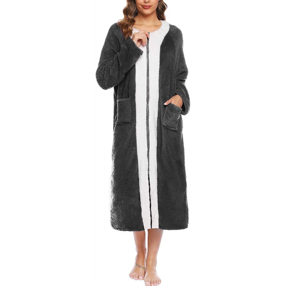 Robes Womens Zip Up Fleece Robe Plush Full Length Bathrobe Soft Warm Zipper Housecoat with Pockets - Dark Grey - CY18X2KNMOK