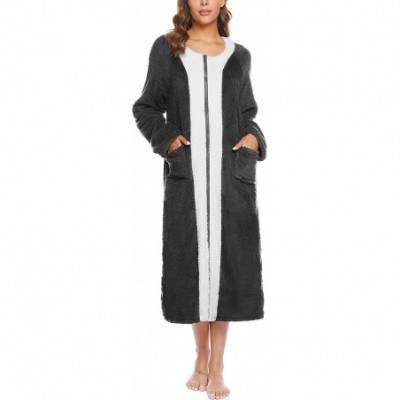 Robes Womens Zip Up Fleece Robe Plush Full Length Bathrobe Soft Warm Zipper Housecoat with Pockets - Dark Grey - CY18X2KNMOK