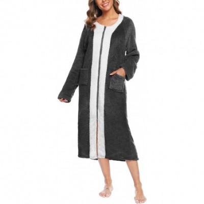 Robes Womens Zip Up Fleece Robe Plush Full Length Bathrobe Soft Warm Zipper Housecoat with Pockets - Dark Grey - CY18X2KNMOK