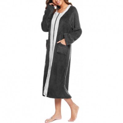 Robes Womens Zip Up Fleece Robe Plush Full Length Bathrobe Soft Warm Zipper Housecoat with Pockets - Dark Grey - CY18X2KNMOK