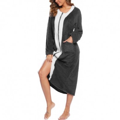 Robes Womens Zip Up Fleece Robe Plush Full Length Bathrobe Soft Warm Zipper Housecoat with Pockets - Dark Grey - CY18X2KNMOK