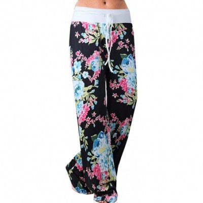 Bottoms Women's Casual Pajama Pants Floral Print Drawstring Wide Leg Palazzo Lounge Pants - Black3 - CO18HGO8KSH