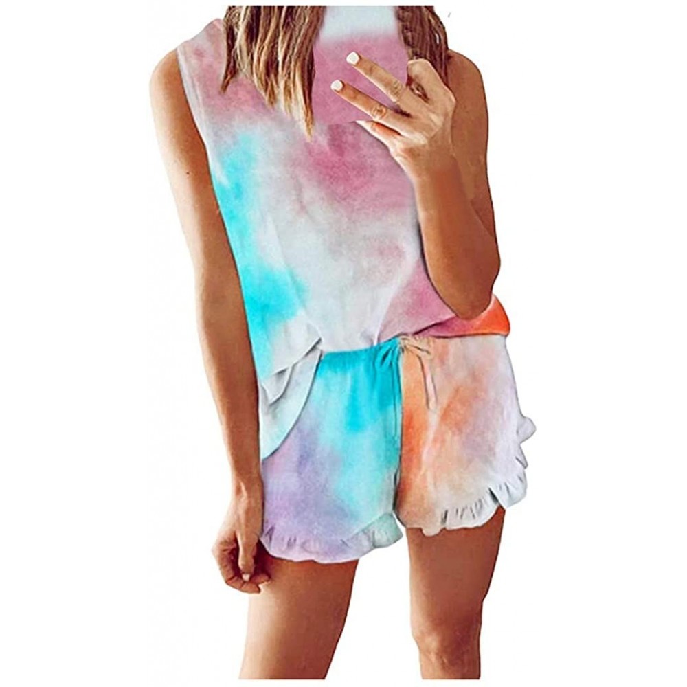 Sets Womens Tie-Dye Button Sleeveless Tank Top Shorts Pajamas Set Sleepwear Leisure Nightwear Pjs S-2XL - C Multicolor - CK19...