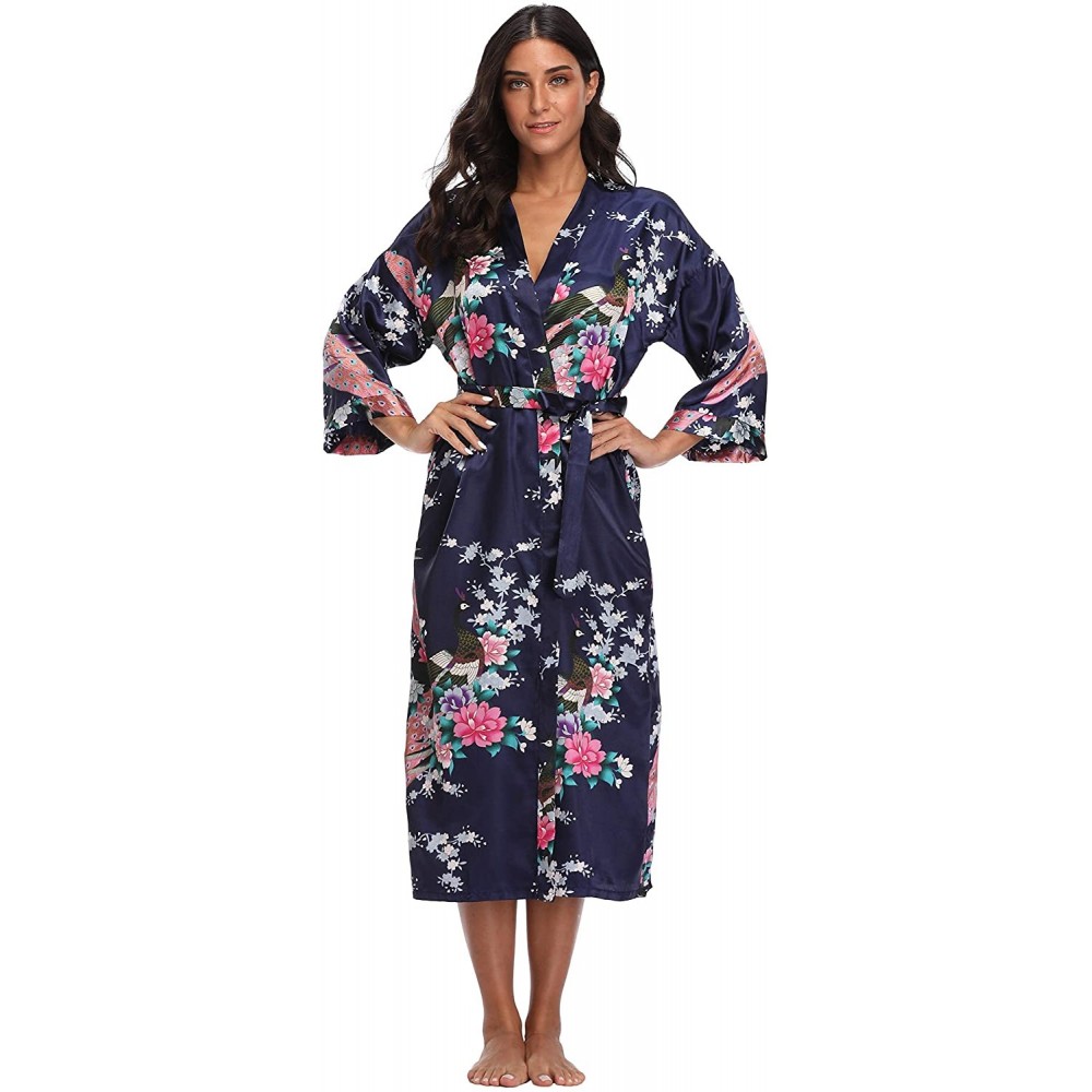 Robes Womens Long Floral Kimono Robes for Party Satin Peacock Printed Bathrobe Silky Nightgown Lightweight Loungewear Navy - ...