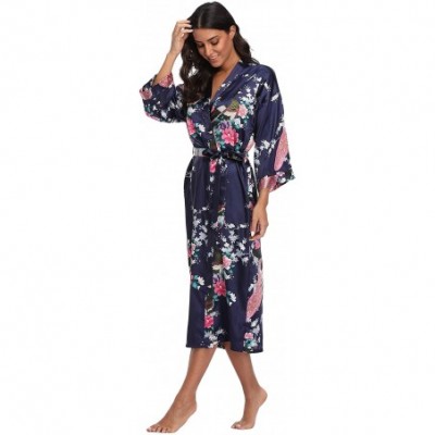 Robes Womens Long Floral Kimono Robes for Party Satin Peacock Printed Bathrobe Silky Nightgown Lightweight Loungewear Navy - ...