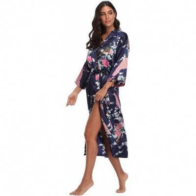 Robes Womens Long Floral Kimono Robes for Party Satin Peacock Printed Bathrobe Silky Nightgown Lightweight Loungewear Navy - ...