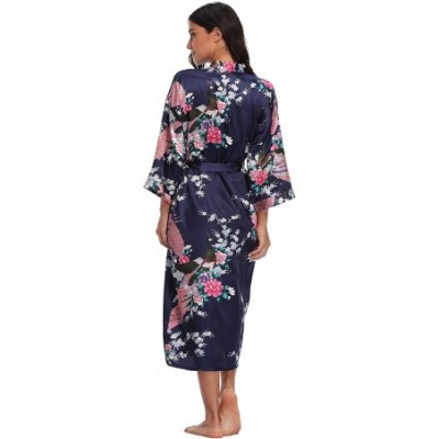 Robes Womens Long Floral Kimono Robes for Party Satin Peacock Printed Bathrobe Silky Nightgown Lightweight Loungewear Navy - ...