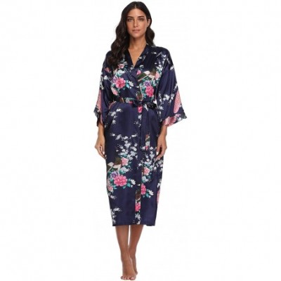 Robes Womens Long Floral Kimono Robes for Party Satin Peacock Printed Bathrobe Silky Nightgown Lightweight Loungewear Navy - ...