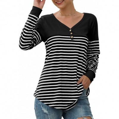 Tops Women Long Sleeve Round Neck Blouse Color Block Striped Casual Tops T Shirt - R Black - C918YL0EQY8