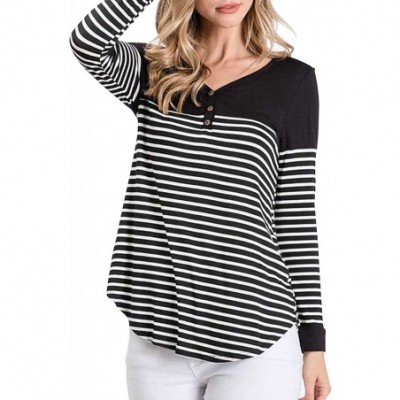 Tops Women Long Sleeve Round Neck Blouse Color Block Striped Casual Tops T Shirt - R Black - C918YL0EQY8