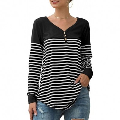 Tops Women Long Sleeve Round Neck Blouse Color Block Striped Casual Tops T Shirt - R Black - C918YL0EQY8