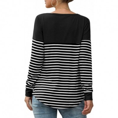 Tops Women Long Sleeve Round Neck Blouse Color Block Striped Casual Tops T Shirt - R Black - C918YL0EQY8