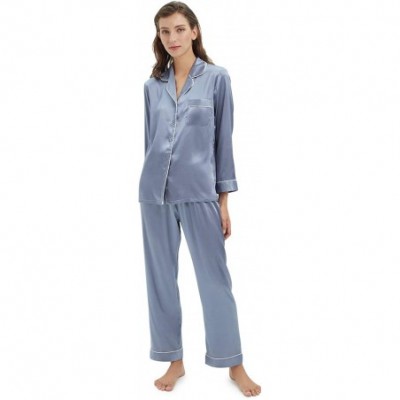 Sets Women Pajamas Set Satin Long Sleeve Silk Pajamas for Womens Button Down Nightwear Soft Pj Sets Small~X Large Blue Grey -...