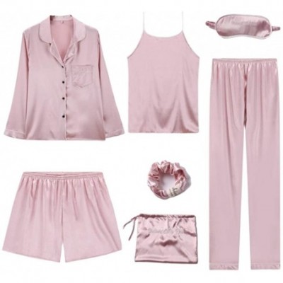 Sets Women Stripe Satin Silk Pyjamas Sleepwear 7 Pieces Pajamas Sets - Lovely Pink - CQ18XU6Z39U