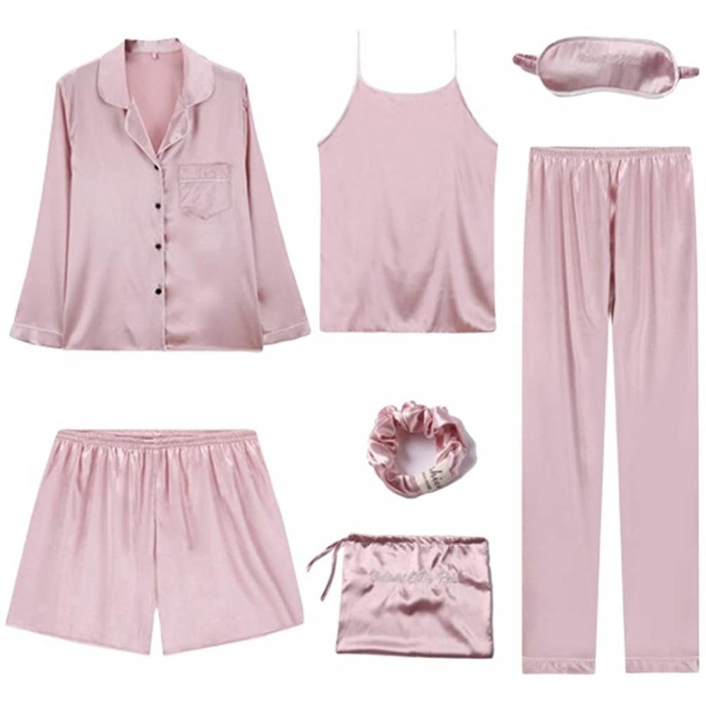 Sets Women Stripe Satin Silk Pyjamas Sleepwear 7 Pieces Pajamas Sets - Lovely Pink - CQ18XU6Z39U