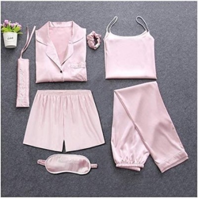 Sets Women Stripe Satin Silk Pyjamas Sleepwear 7 Pieces Pajamas Sets - Lovely Pink - CQ18XU6Z39U