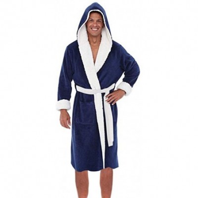 Robes Mens Robes Lengthened Fleece Warm Long Bathrobe Hooded Kimono Home Pajamas - B Dark Blue - CS18ADLHT60