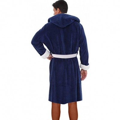 Robes Mens Robes Lengthened Fleece Warm Long Bathrobe Hooded Kimono Home Pajamas - B Dark Blue - CS18ADLHT60