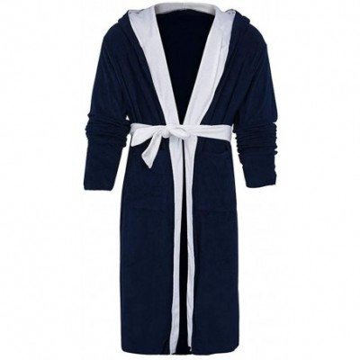 Robes Mens Robes Lengthened Fleece Warm Long Bathrobe Hooded Kimono Home Pajamas - B Dark Blue - CS18ADLHT60