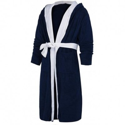 Robes Mens Robes Lengthened Fleece Warm Long Bathrobe Hooded Kimono Home Pajamas - B Dark Blue - CS18ADLHT60