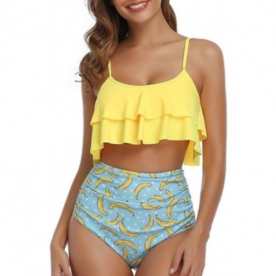 Tops Swimsuit for Women Two Pieces Top Ruffled Backless Racerback with High Waisted Bottom Tankini Set - K-yellow - CY194X295XZ