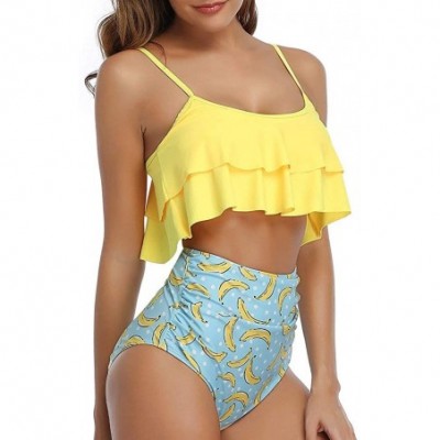 Tops Swimsuit for Women Two Pieces Top Ruffled Backless Racerback with High Waisted Bottom Tankini Set - K-yellow - CY194X295XZ