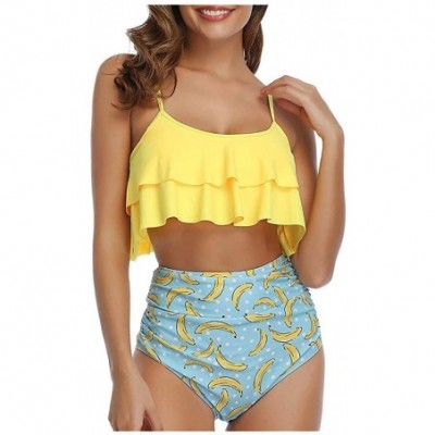 Tops Swimsuit for Women Two Pieces Top Ruffled Backless Racerback with High Waisted Bottom Tankini Set - K-yellow - CY194X295XZ