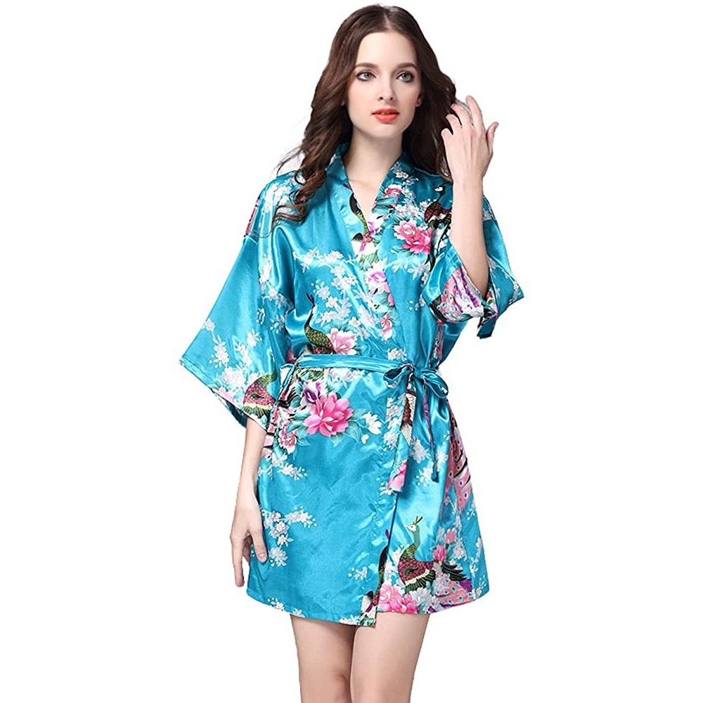 Robes Women's Kimono Short Robe Bathrobe Nightgown Peacock Blossoms- Many Colors - Sky Blue - CB1809QGXLL