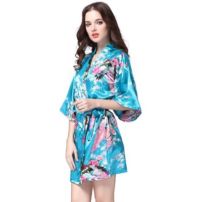 Robes Women's Kimono Short Robe Bathrobe Nightgown Peacock Blossoms- Many Colors - Sky Blue - CB1809QGXLL