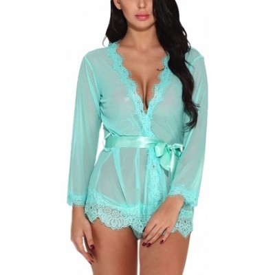 Robes Women's Lace Kimono Mesh Babydoll Lingerie Robe Nightgown - Solid Green - CK189I9EUSX