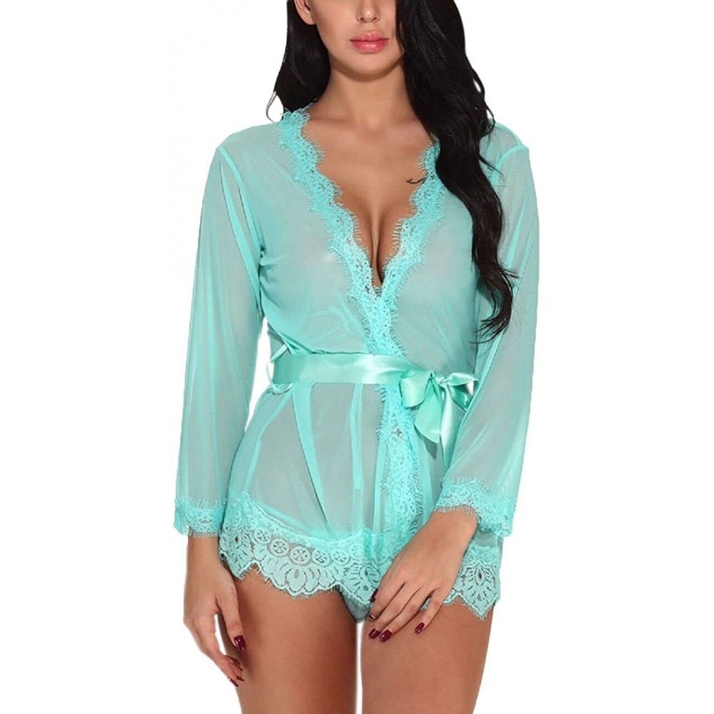 Robes Women's Lace Kimono Mesh Babydoll Lingerie Robe Nightgown - Solid Green - CK189I9EUSX