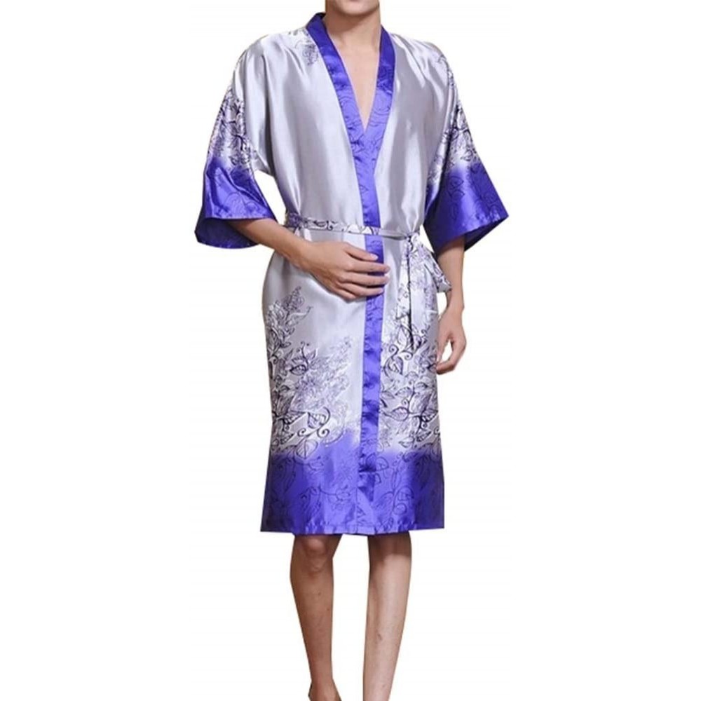 Robes Retro Purple Men's Silk Kimono Pajamas Robe Khan Steamed Clothes Household Bathrobes - C518U8OR266