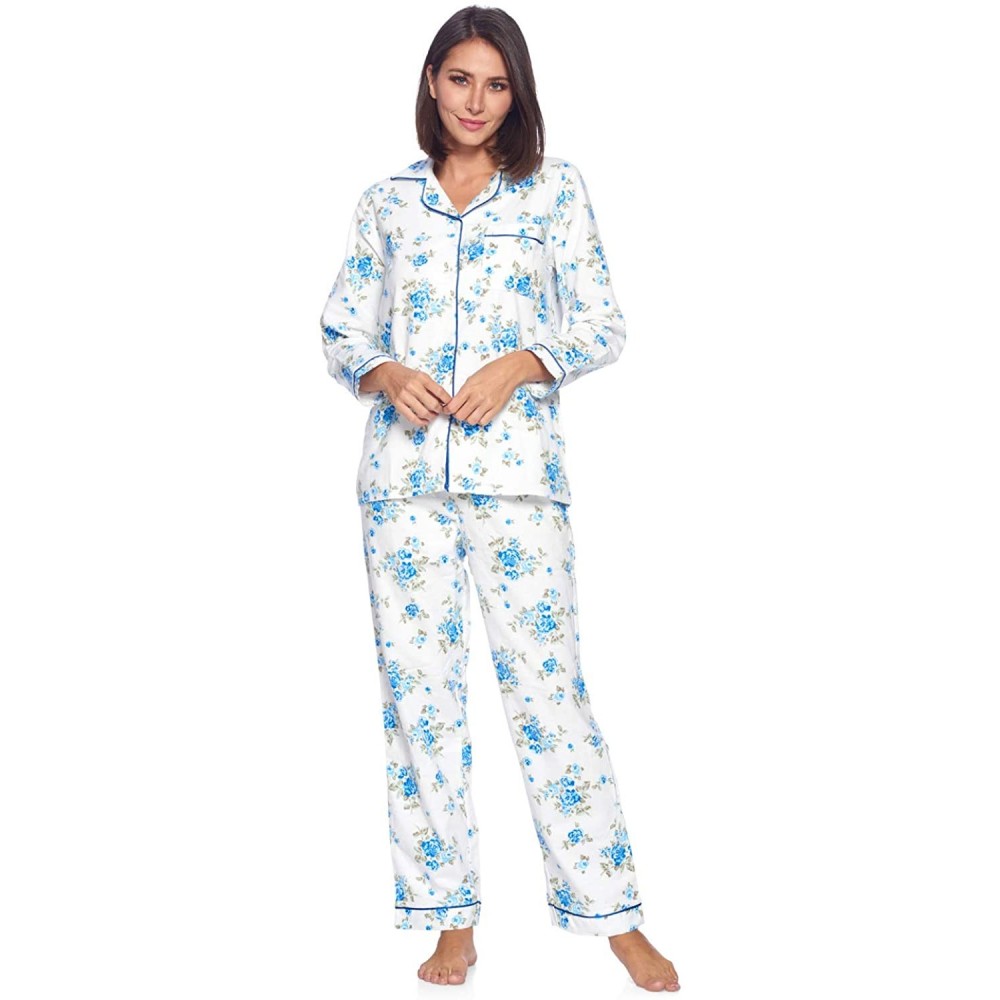 Sets Women's Flannel Long Sleeve PJ's Button Down Sleepwear Pajama Set - White Blue Flower - CA18AQHHHHY