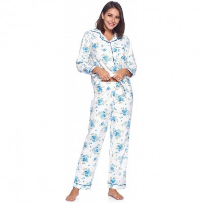 Sets Women's Flannel Long Sleeve PJ's Button Down Sleepwear Pajama Set - White Blue Flower - CA18AQHHHHY