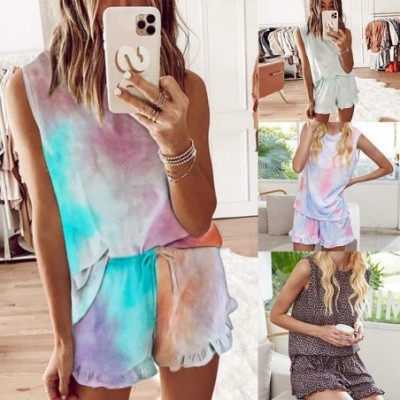 Sets Womens 2 Piece Pajama Sets Tie Dye Printed Tank Top Elastic Drawstring Shorts Lounger Sleepwear Nightgown Green - C7190K...