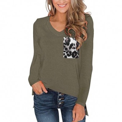 Tops Long Sleeve T Shirt Women's Leopard Pocket Tops Ladies Casual V Neck Fashion Basic Tees Blouse - Army Green - CU18X05XWZ2