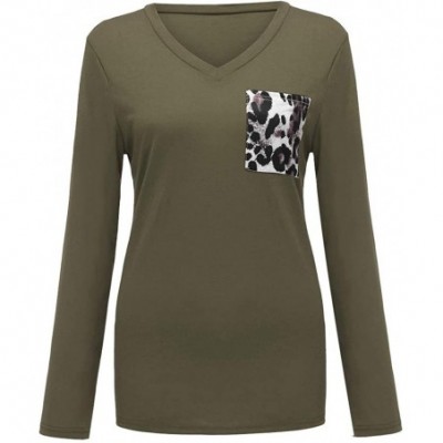 Tops Long Sleeve T Shirt Women's Leopard Pocket Tops Ladies Casual V Neck Fashion Basic Tees Blouse - Army Green - CU18X05XWZ2