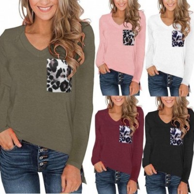 Tops Long Sleeve T Shirt Women's Leopard Pocket Tops Ladies Casual V Neck Fashion Basic Tees Blouse - Army Green - CU18X05XWZ2