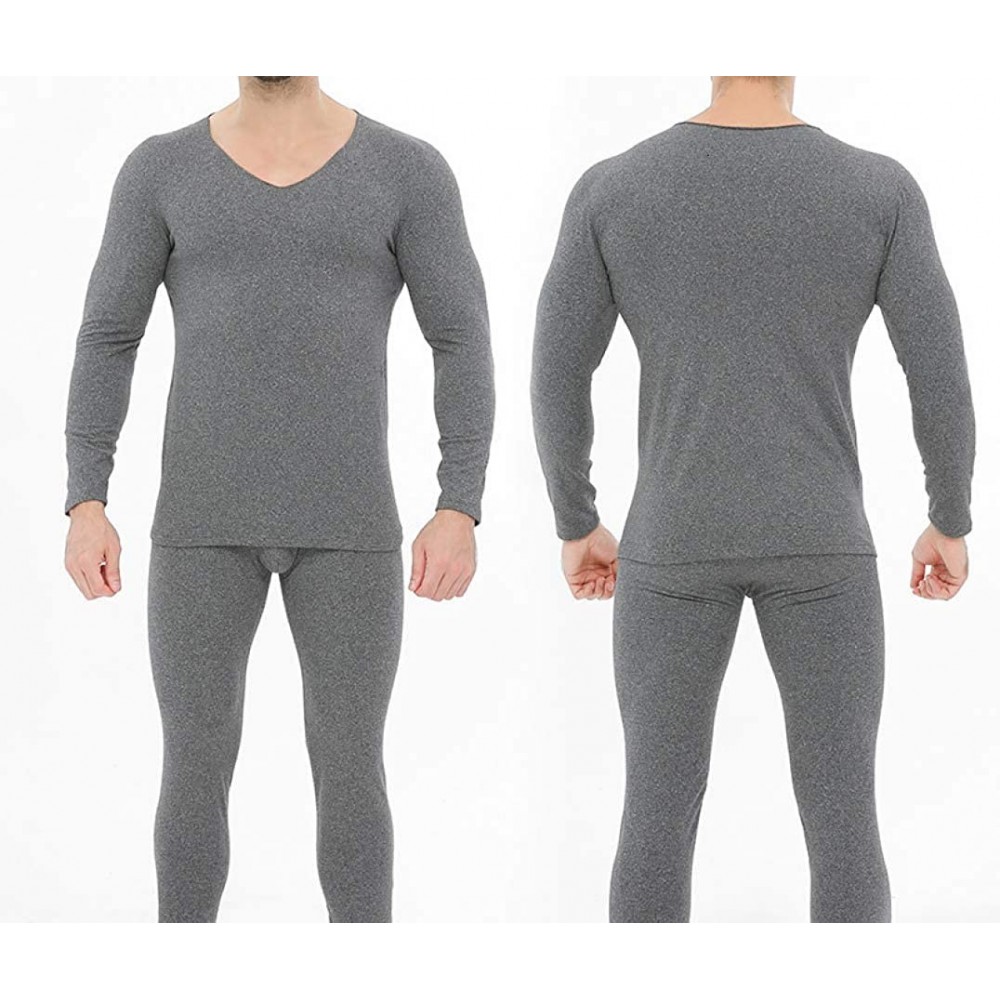 Thermal Underwear Men's Ultra Soft Long Johns Set Seamless Thermal Underwear Long Sleeve Base Layer with V-Neck - Gray - CG19...