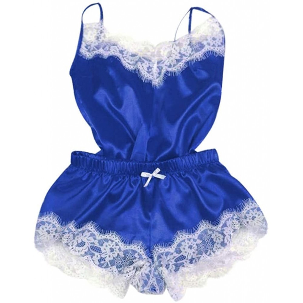 Sets Women Sexy 2 Piece Satin Pajama Lace Trim Adjustable Cami Drawstring Short Nightwear Lingerie Sleepwear PJ Set - C blue ...