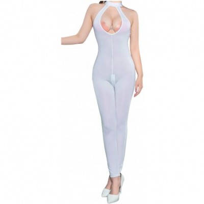 Shapewear Women's Sheer See Through Zipper Sleeveless Hollow Out Lingerie Bodysuit - White - C918TSZTRIH