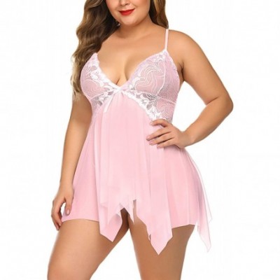 Baby Dolls & Chemises Plus Size Lingerie Babydoll Chemise Lace Sleepwear Boudoir Outfit - Pink - CY18ZWD30A6