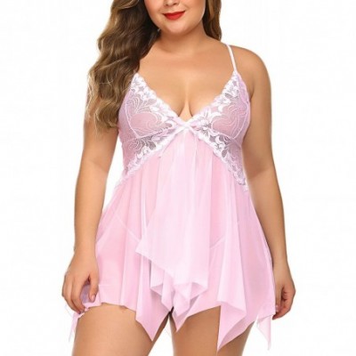 Baby Dolls & Chemises Plus Size Lingerie Babydoll Chemise Lace Sleepwear Boudoir Outfit - Pink - CY18ZWD30A6