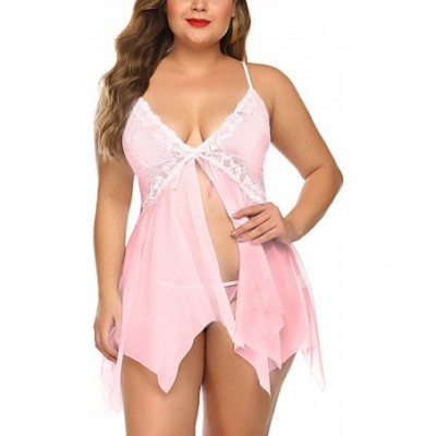 Baby Dolls & Chemises Plus Size Lingerie Babydoll Chemise Lace Sleepwear Boudoir Outfit - Pink - CY18ZWD30A6