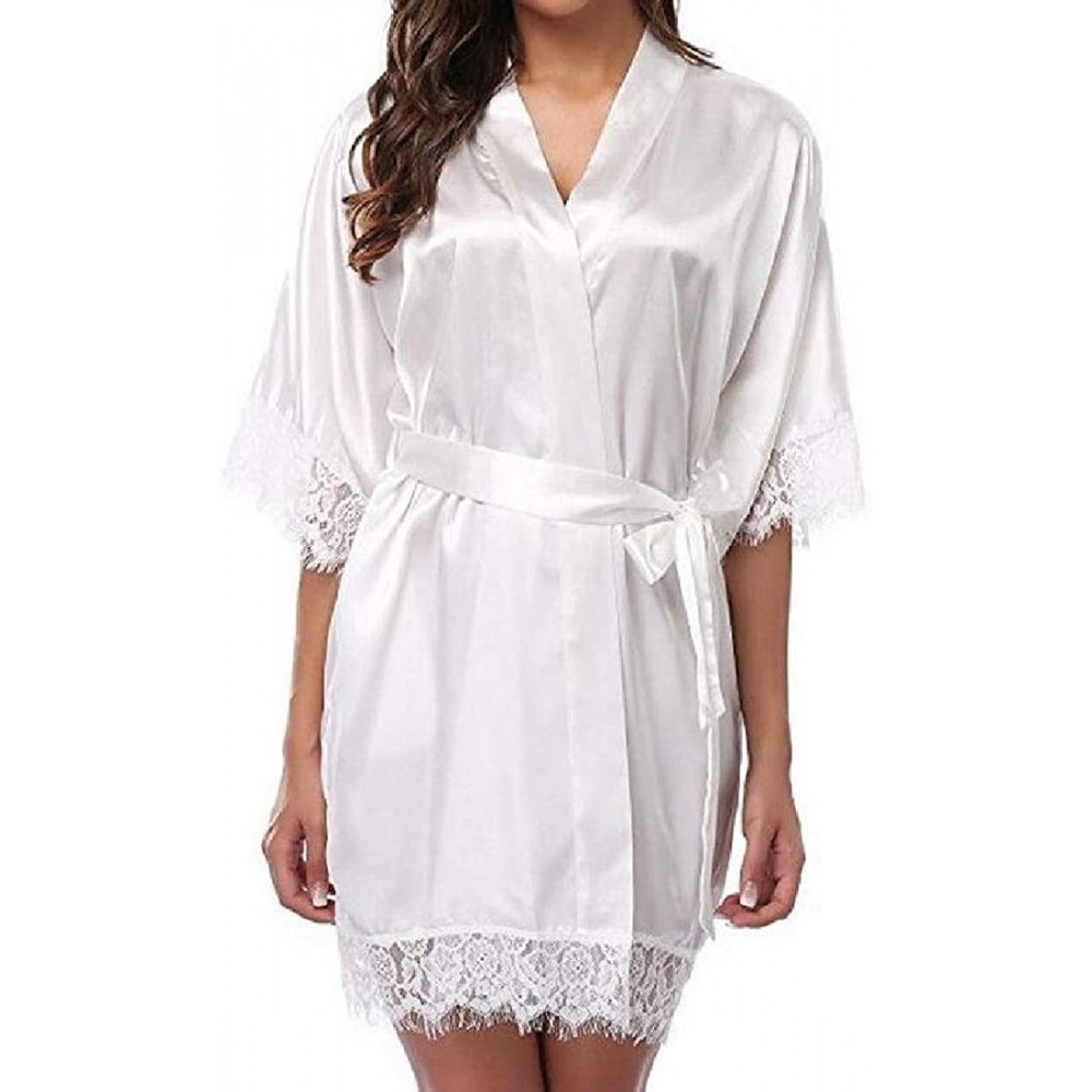 Robes Women Sleepwear Bridesmaid-Bath-Robes Wedding Party Lace-Trim Kimono Robes - White - C818TA9835G